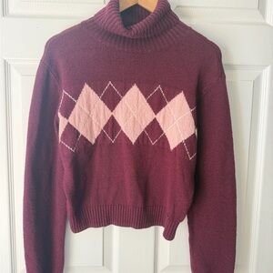 Hollister Burgundy and Pink Argyle Turtleneck Sweater